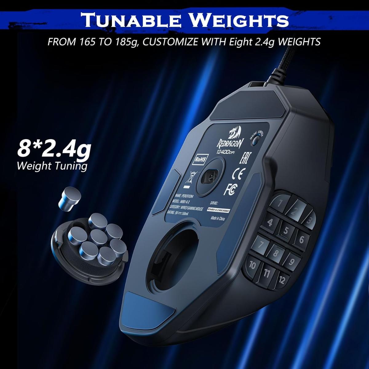 Redragon Gaming Mouse M901-K-2 MMO Mouse Gaming UP 12400 DPI 19 Macro Programmable Buttons RGB Mouse with 12 Side Buttons 8 * 2.4g Weight Tuning for PC Laptop MOBA FPS M901K Black
