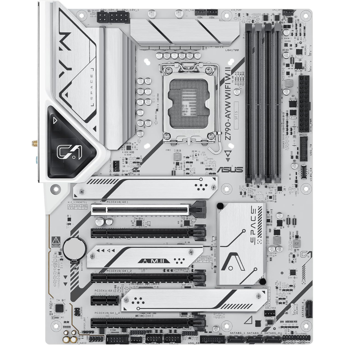 ASUS Z790-AYW WiFi W II Intel Z790 (LGA 1700) ATX Motherboard with PCIe® 5.0, 3X M.2, 12+1 DrMOS, DDR5, WiFi 6, 2.5Gb LAN, HDMI, USB 10Gbps Type-C®, USB 10Gbps Type-C®, Thunderbolt™, USB4®, Aura Sync