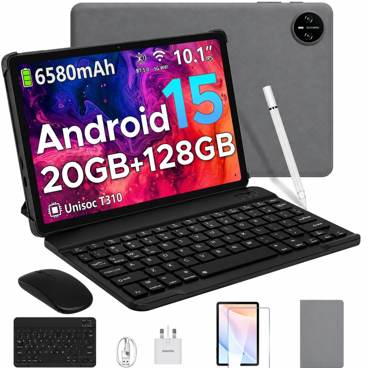 DOOGEE Tab A9 Pro VIB Edition (2025) 10.1" Android WIFI Tablet (128GB Storage 4GB + 16GB Shared Memory) Bundle (Keyboard + Mouse + Pen + Cover + Screen Protector) , Black