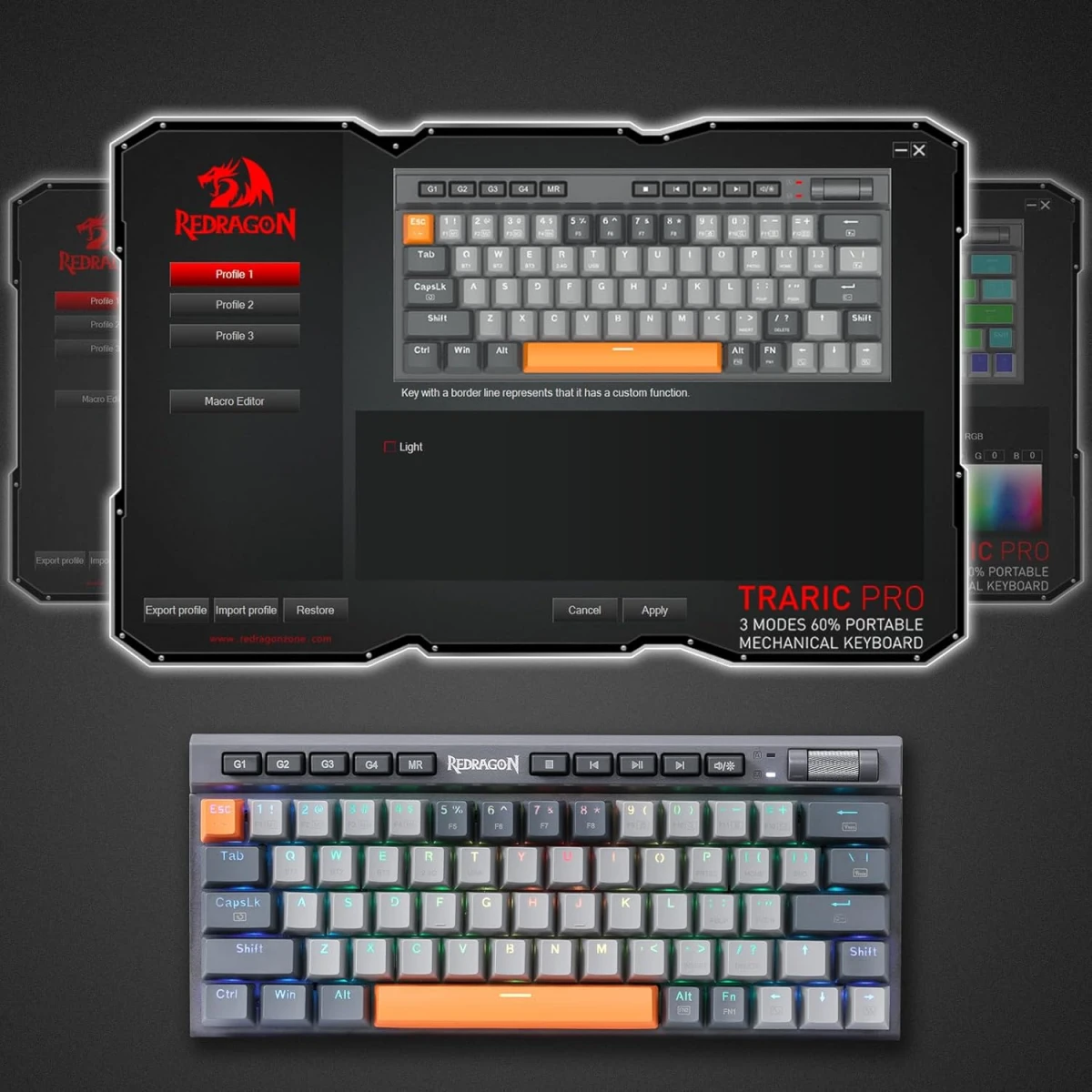Redragon K634GG 65% RGB Wireless Gaming Keyboard, BT/2.4Ghz/Wired Tri-Mode, 63 Keys Hot-Swap Mechanical Keyboard w/Aluminum Cover Board, Dedicated Macro + Arrow Keys, Media Control & Linear Red Switch