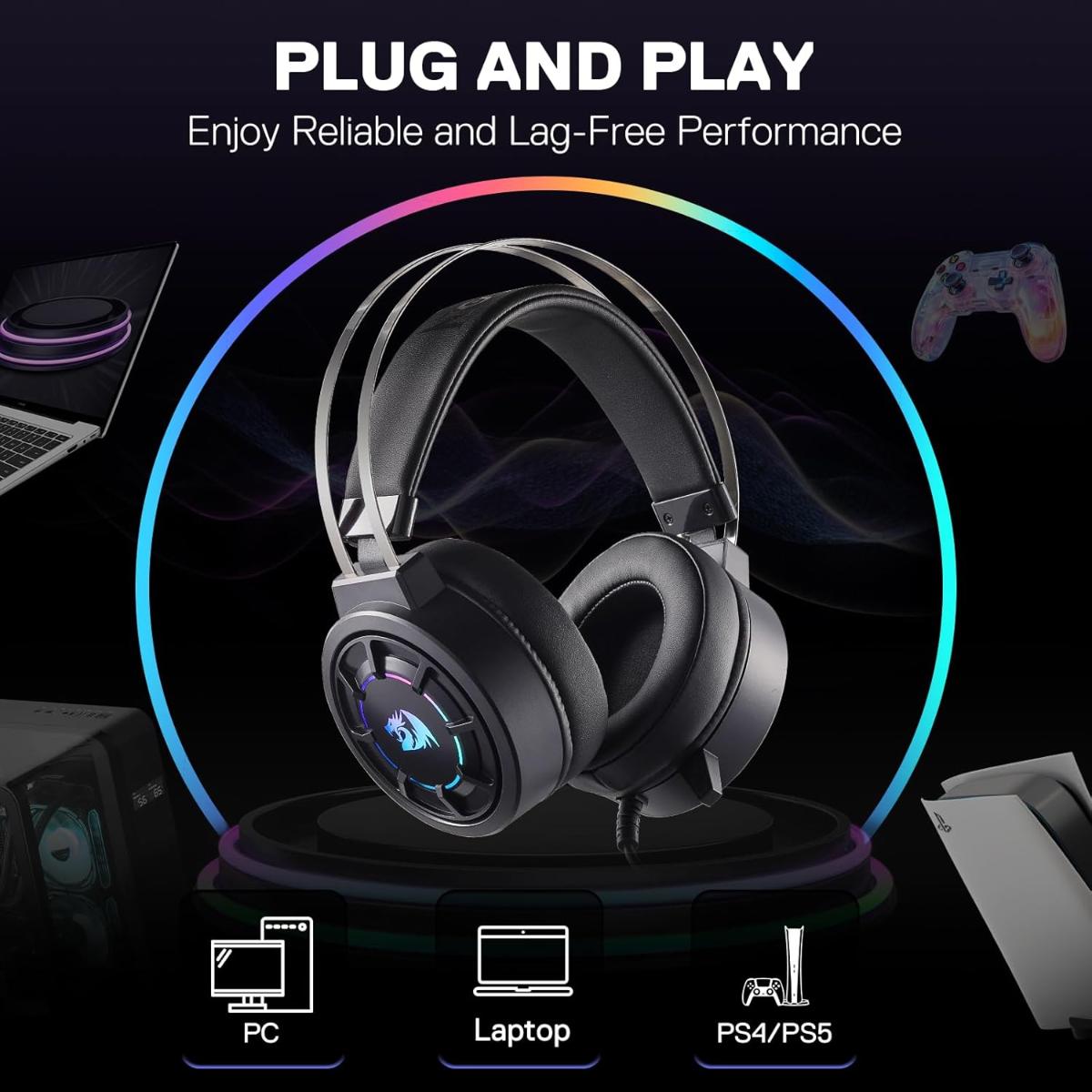 Redragon H314 RGB Gaming Headset - Wired Computer Headset with 40mm Drivers, USB Connection, Lightweight Design, and Soft PU Leather Ear Cushions for Ultimate Comfort