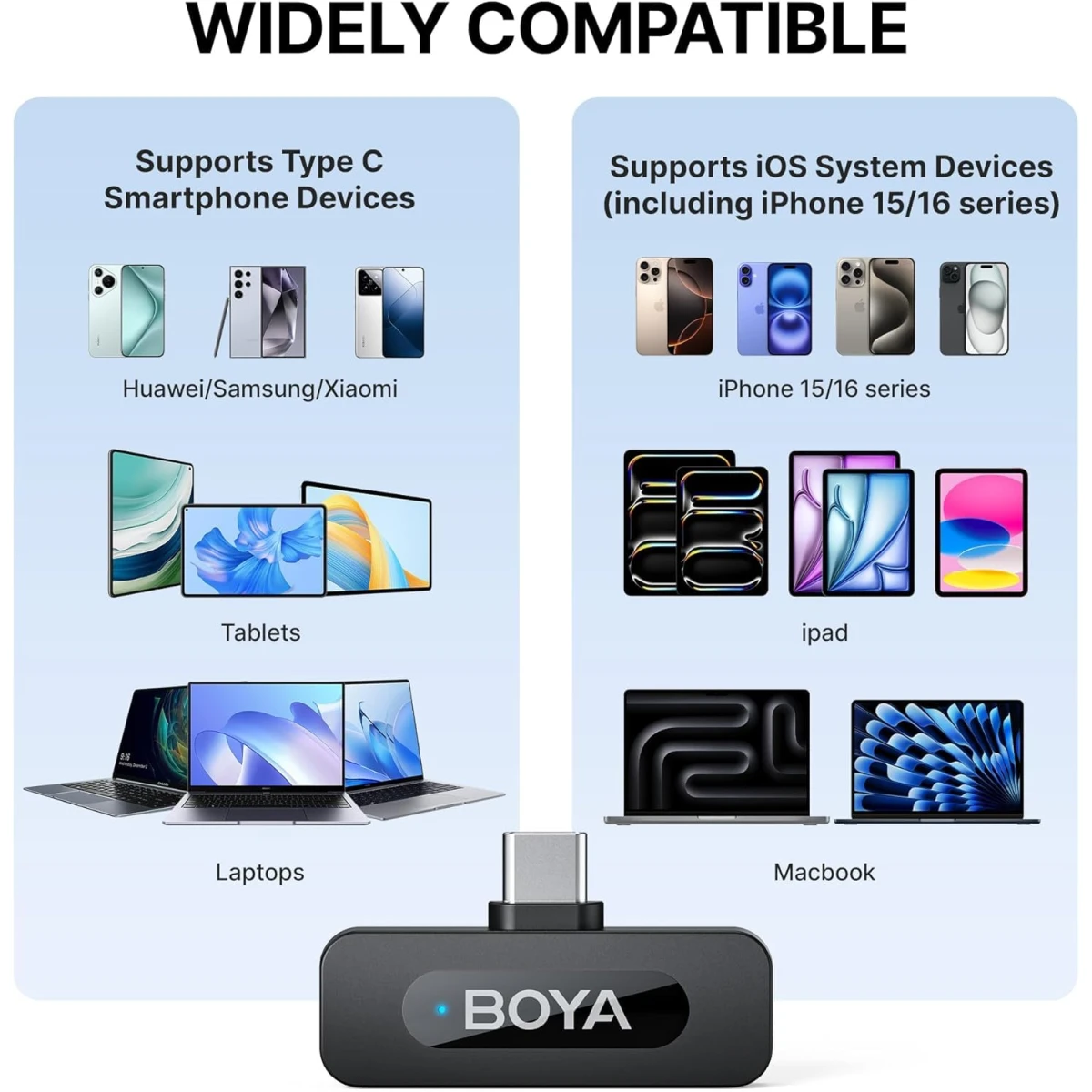 Boya BY-V10 2.4 ghz Omnidirectional Wireless Microphone System with a Transmitter & Receiver for Type-C Devices & Android. for Vlog, Social Media, YouTube Content with Rechargeable Battery. 50m Range - Black