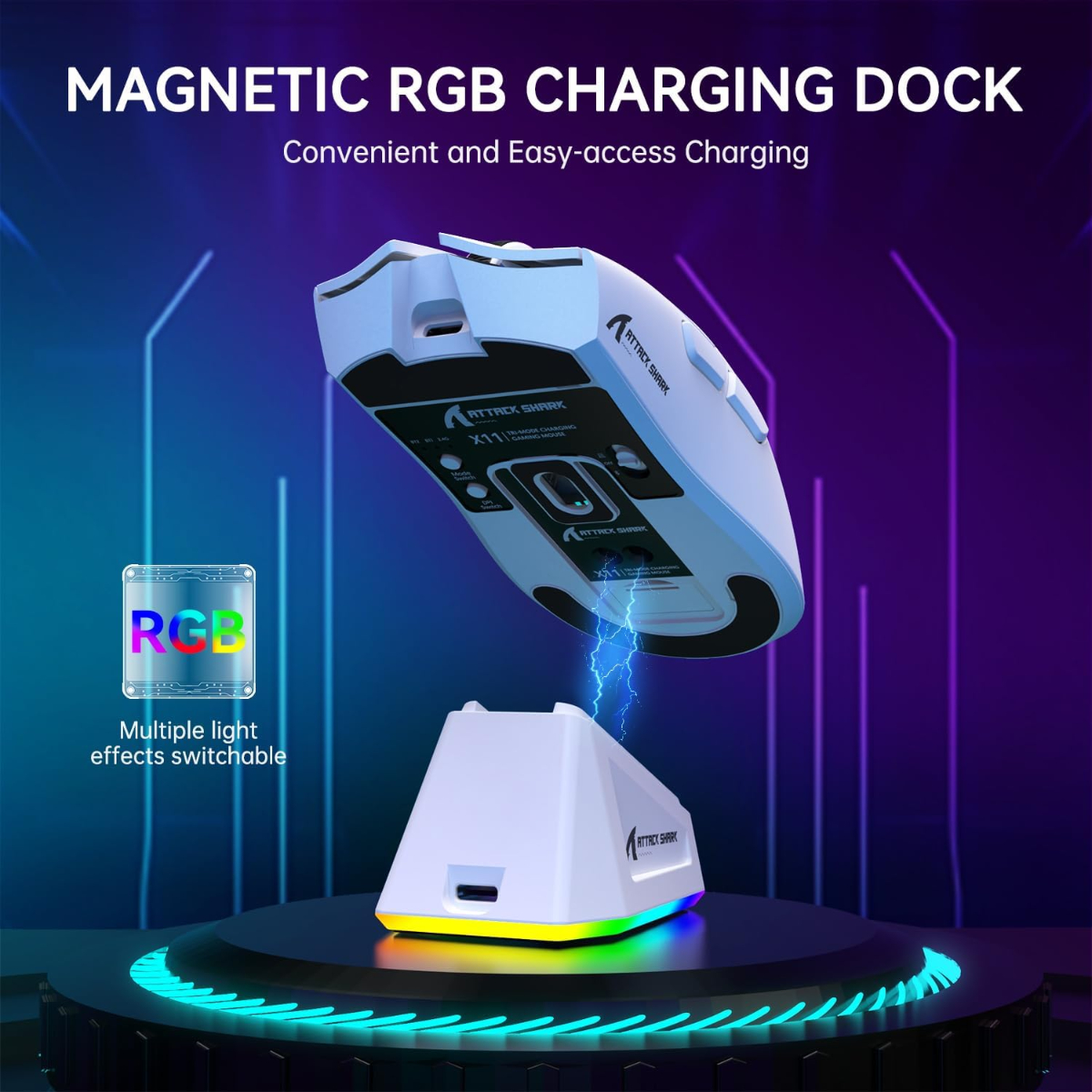 ATTACK SHARK X11 Lightweight Wireless Gaming Mouse with RGB Charging Dock,Tri-Mode-2.4G/USB-C Wired/BT,22K DPI,Optical Sensor,HUYU Switch, 5 programmable Buttons for PC/Mac(White)