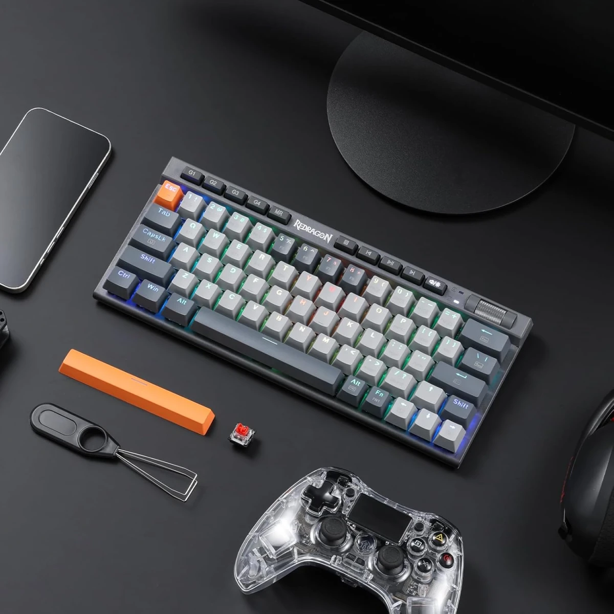 Redragon K634GG 65% RGB Wireless Gaming Keyboard, BT/2.4Ghz/Wired Tri-Mode, 63 Keys Hot-Swap Mechanical Keyboard w/Aluminum Cover Board, Dedicated Macro + Arrow Keys, Media Control & Linear Red Switch