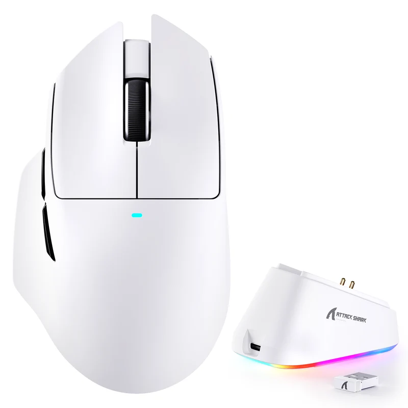 ATTACK SHARK V6 65g Superlight Wireless Gaming Mouse with RGB Magnetic Charging Dock,BT/2.4GHz Wireless/Wired Mouse 1K Polling,PixArt PAW3311 Sensor,25000DPI,Office Gamer Mice White