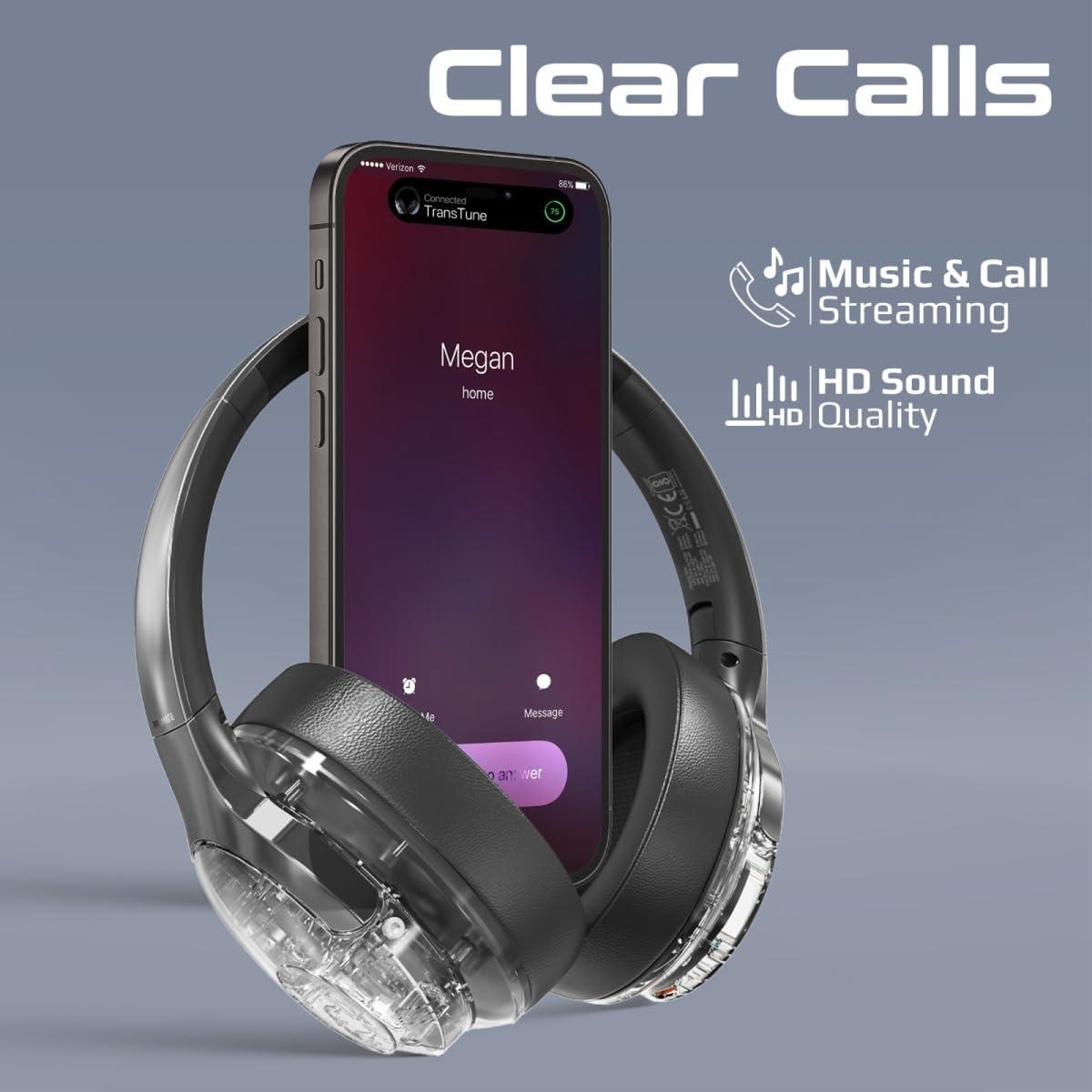 Promate Wireless Headphones, Hi-Fidelity Transparent ANC Bluetooth v5.3 Headset, RGB Lights, Mic, Foldable Design, 40H Playtime, 600mAh Battery, 3.5mm Jack for iPhone15, Galaxy S25, TRANSTUNE.SILVER