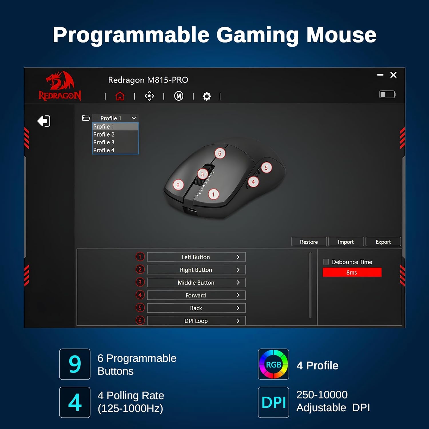 Redragon NEVA 3-Mode Wireless Gaming Mouse, Ultra-Light 26K DPI Gaming Mouse, Full Programmable Buttons, Software Supports DIY Keybinds & Adjustable DPI, M815PRO