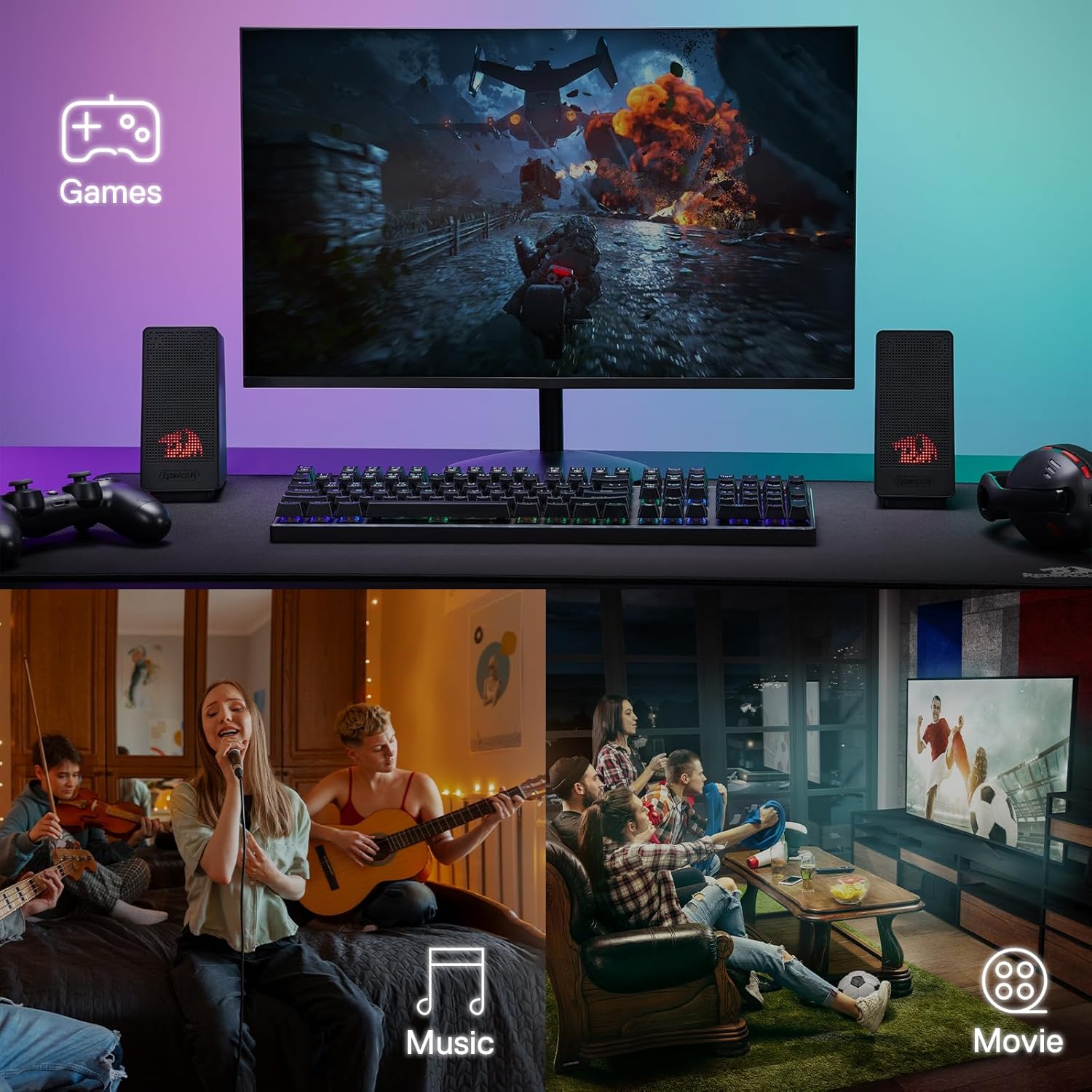 Redragon GS513 PC Gaming Speaker, 2.0 Channel Stereo Desktop Computer Speaker with Red Backlight, Quality Bass and Crystal Clear Sound, USB Powered with a 3.5mm