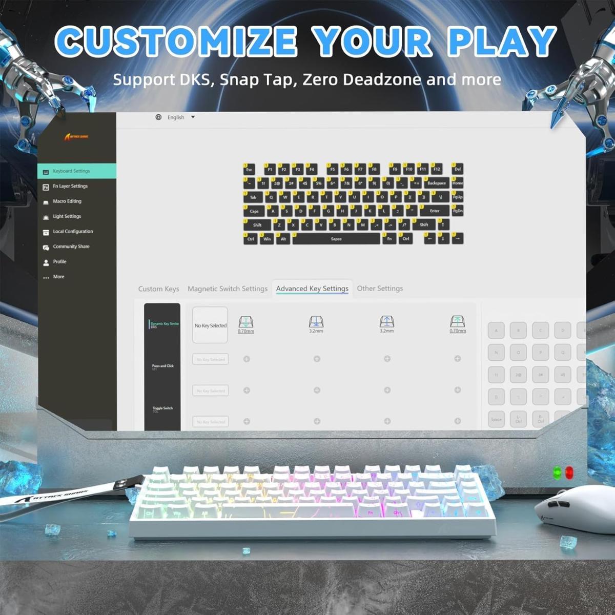 ATTACK SHARK R82HE Rapid Trigger Wired Mechanical Gaming Keyboard TKL NKRO with 8K Polling,0.005mm RT Accuracy,256K Scan Rate,5 Layer Sound Damped,Hall Effect Magnetic Switch for PC Mac(White Contour)