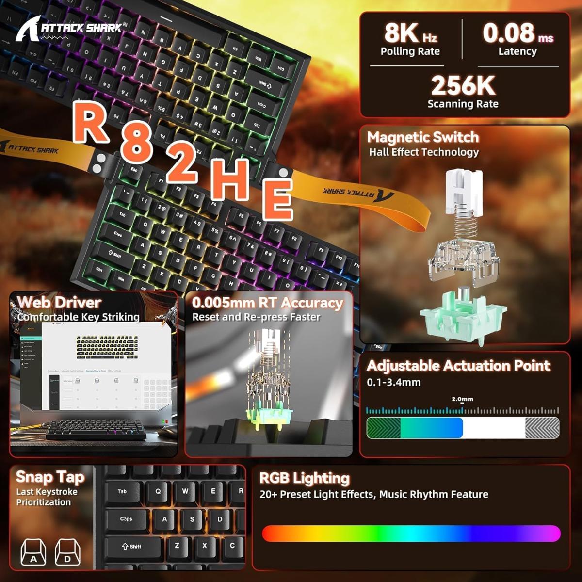 ATTACK SHARK R82 HE Rapid Trigger Wired Mechanical Gaming Keyboard TKL NKRO with 8K Polling,0.005mm RT Accuracy,256K Scan Rate,5 Layer Sound Damped,Hall Effect Magnetic Switch,Driver for PC Mac(Black)