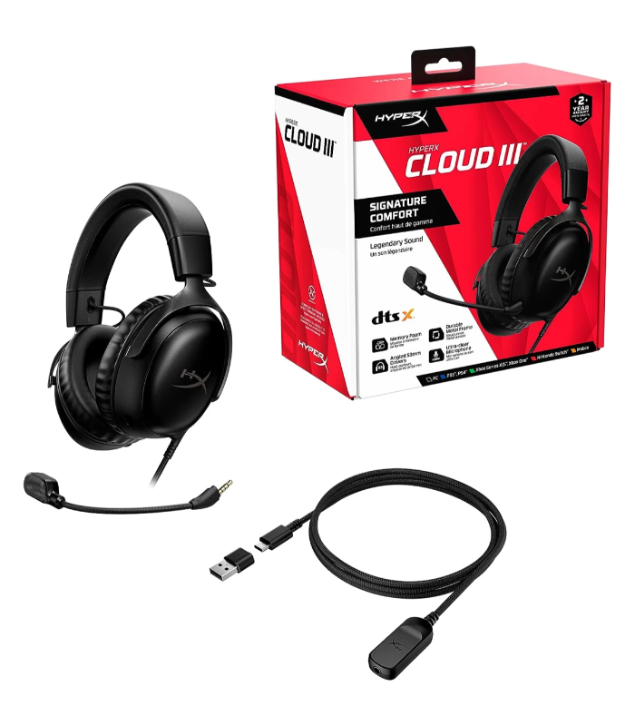 HyperX Cloud III Wired Angled 53mm Drivers DTS Memory Foam Durable Frame Ultra-Clear 10mm Mic USB-C & USB-A 3.5mm For PC, PS5, Xbox Series X|S - Black