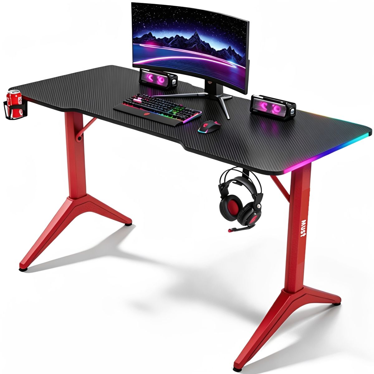 Gaming Desk 1200*600*800 with RGB LED Lighting Carbon Fiber Top Cup Holder Headphone Hook-Red, Black
