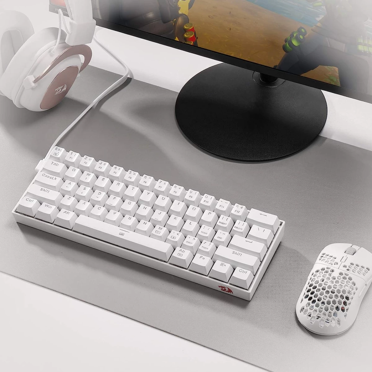 Redragon K630 Dragonborn 60% Wired RGB Gaming Keyboard, 61 Keys Compact Mechanical Keyboard with Linear Blue Switch, Pro Driver Support, White