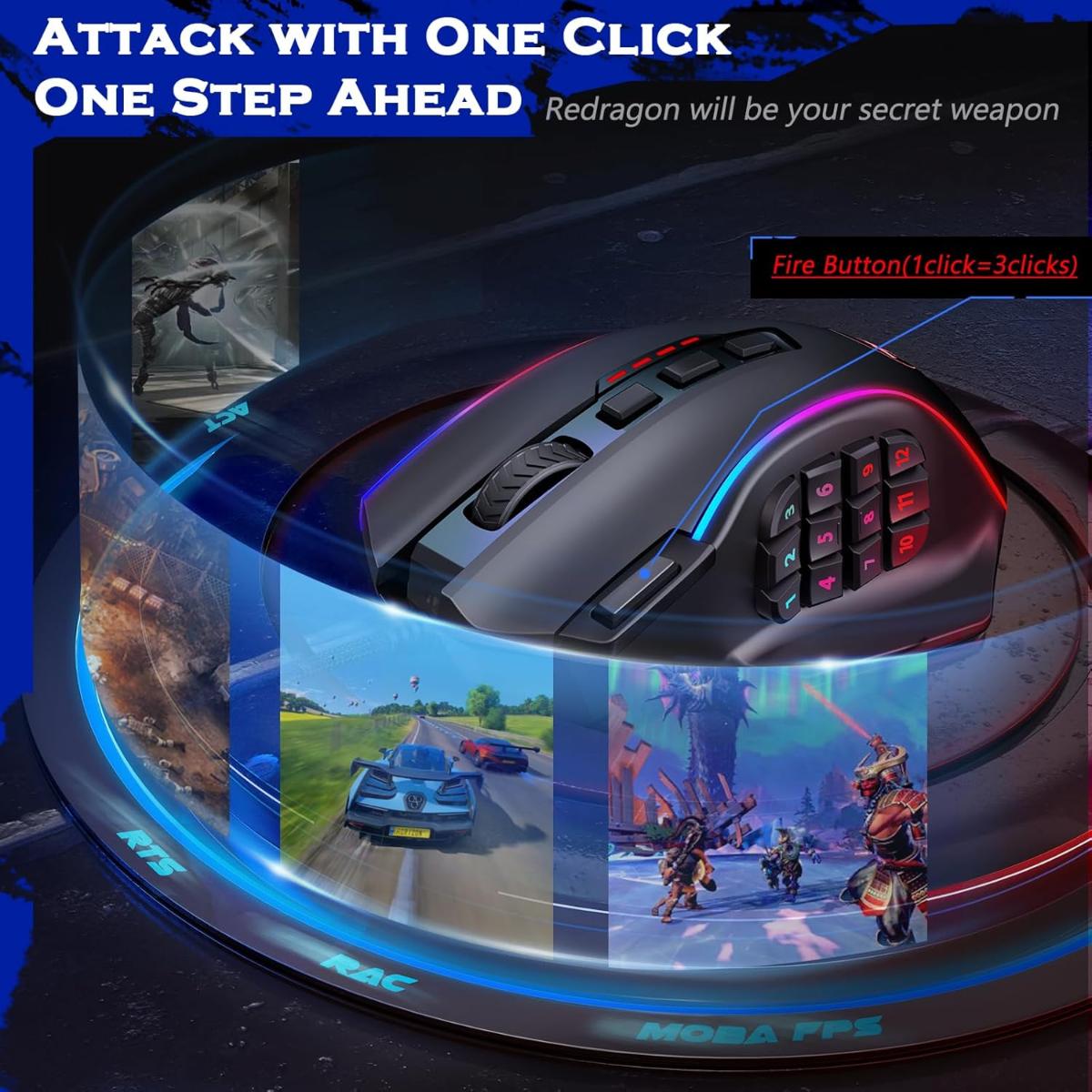 Redragon Gaming Mouse M901-K-2 MMO Mouse Gaming UP 12400 DPI 19 Macro Programmable Buttons RGB Mouse with 12 Side Buttons 8 * 2.4g Weight Tuning for PC Laptop MOBA FPS M901K Black