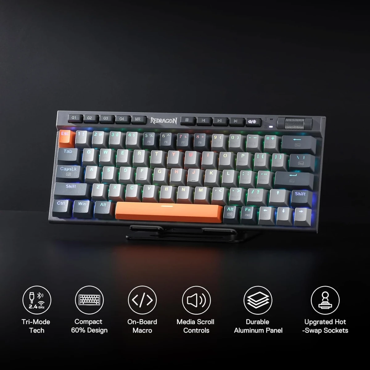 Redragon K634GG 65% RGB Wireless Gaming Keyboard, BT/2.4Ghz/Wired Tri-Mode, 63 Keys Hot-Swap Mechanical Keyboard w/Aluminum Cover Board, Dedicated Macro + Arrow Keys, Media Control & Linear Red Switch