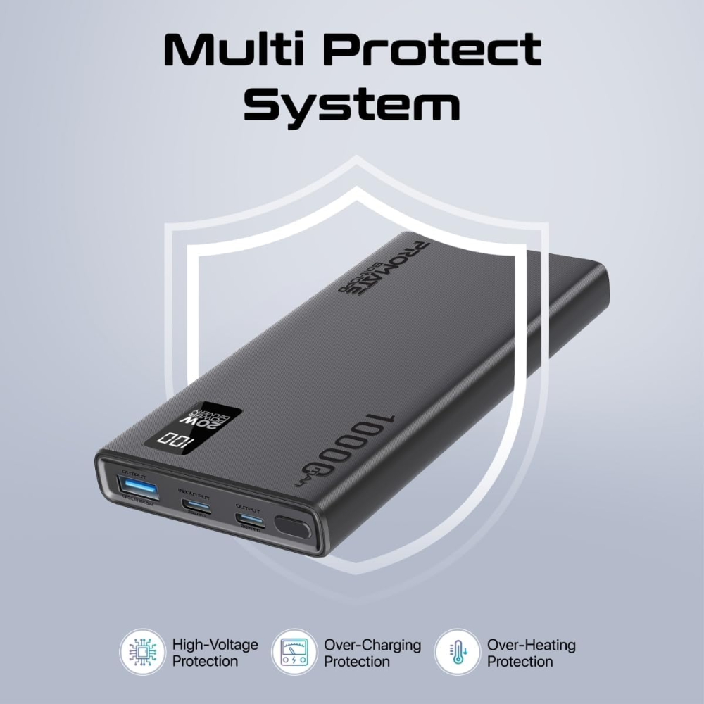 Promate Universal 10000mAh Ultra-Slim Power Bank, with 20W USB-C Input/Output Port, QC 3.0 Output, USB-C Ports, LCD Screen and Over-Heating Protection for Smartphones and Tablets- Bolt-10PD - alternate view