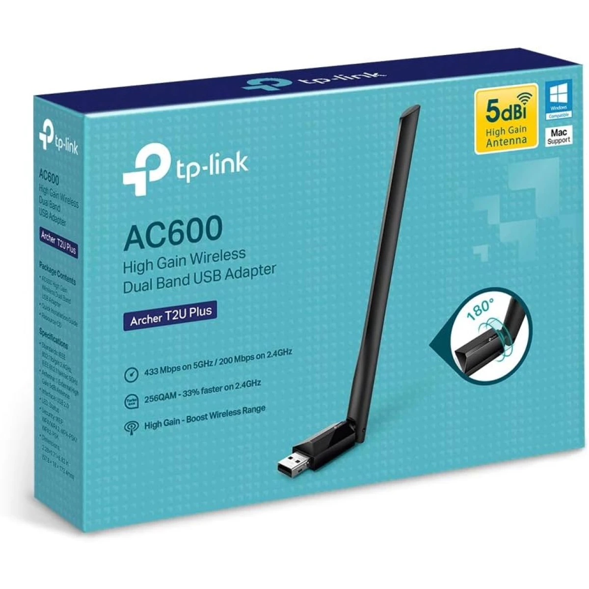 TP-Link Archer T2U Plus AC600 USB WiFi Adapter for PC with 2.4GHz, 5GHz High Gain Dual Band 5dBi Antenna, Supports Win & Mac