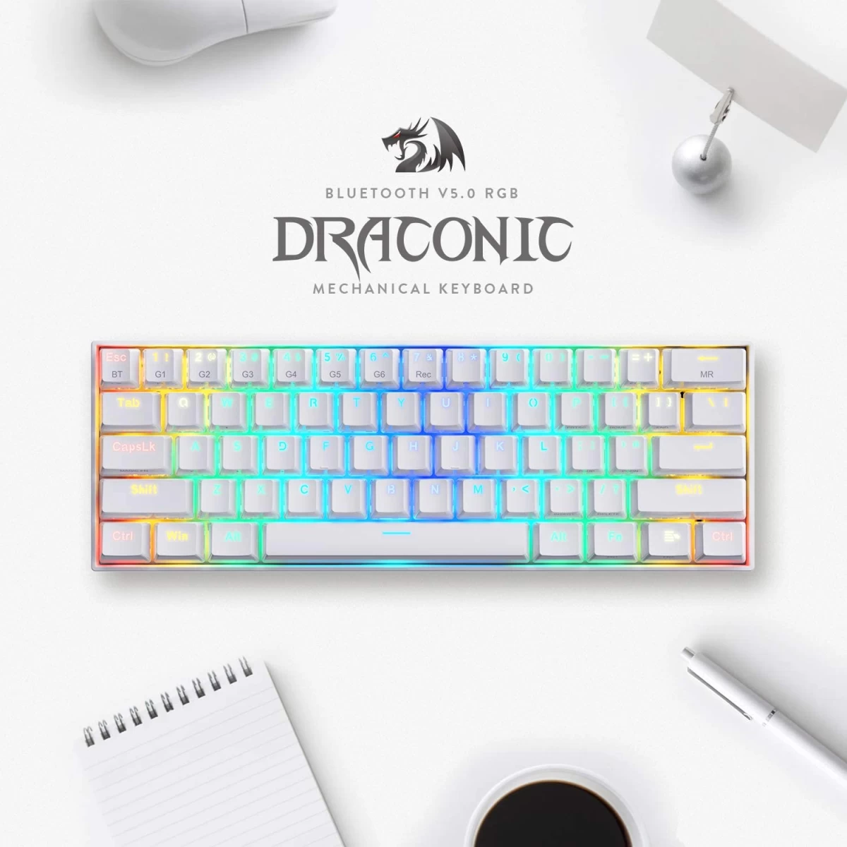 Redragon K530 Pro Draconic 60% Wireless RGB Mechanical Keyboard, BT/2.4Ghz/Wired 3-Mode 61 Keys Compact Gaming Keyboard w/Hot-Swap Socket, Free-Mod Plate Mounted PCB & Tactile Red Switch - White