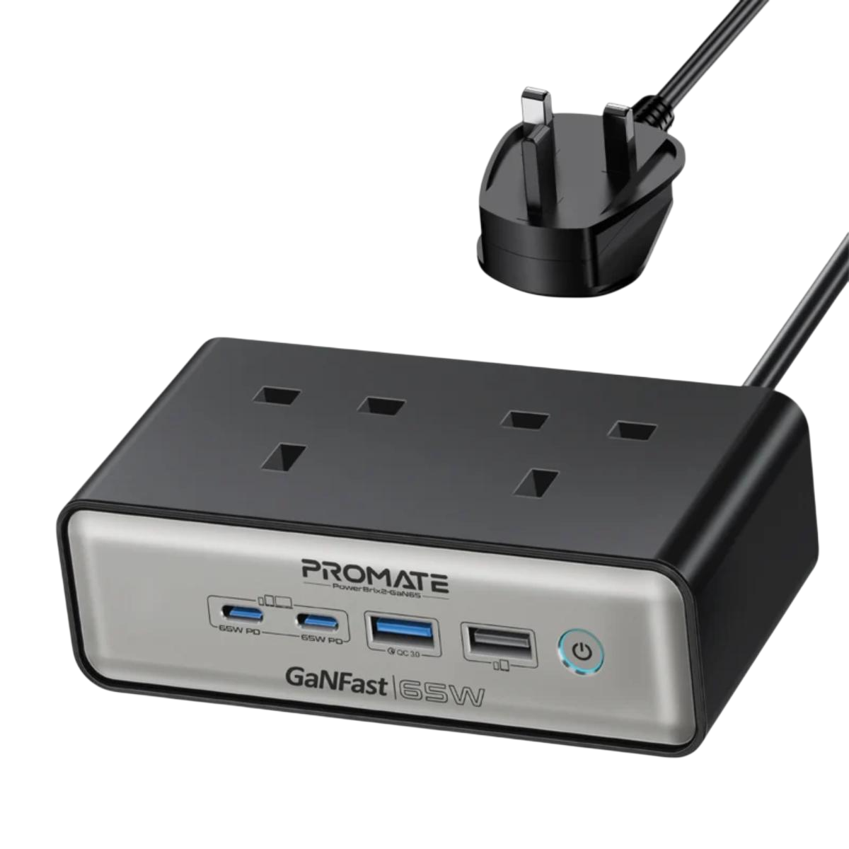 Promate PowerBrix2-GaN65 65W Power Delivery GaNFast Charging Station with 3250W Dual AC Socket, GaN Technology, Dual USB Port, Multi Protection System, Black | PowerBrix2-GaN65