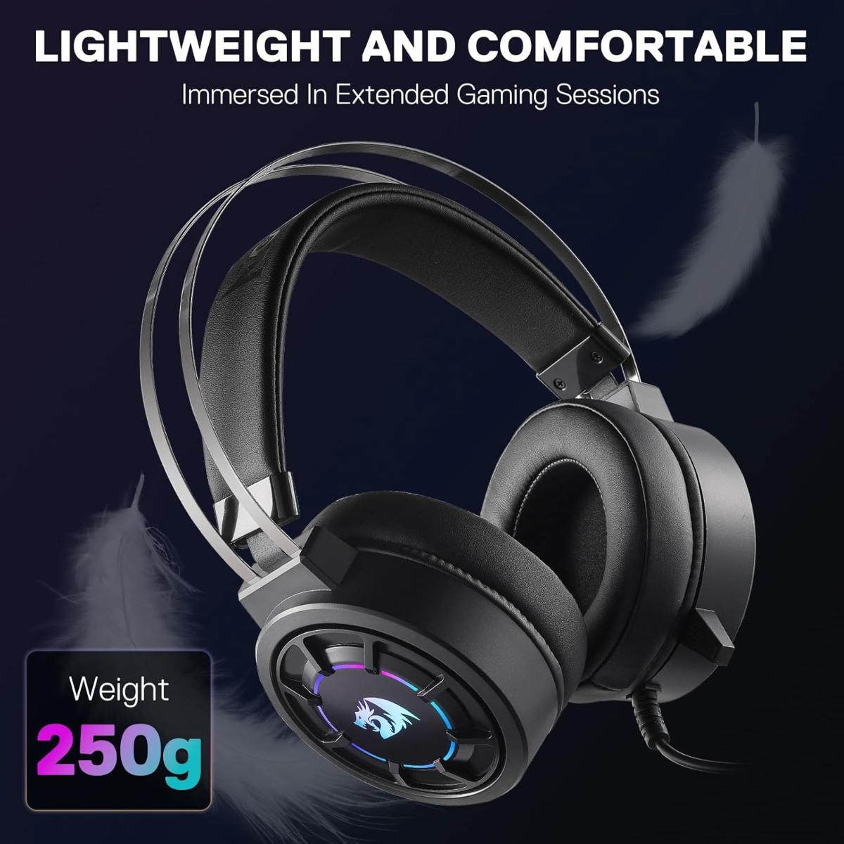 Redragon H314 RGB Gaming Headset - Wired Computer Headset with 40mm Drivers, USB Connection, Lightweight Design, and Soft PU Leather Ear Cushions for Ultimate Comfort