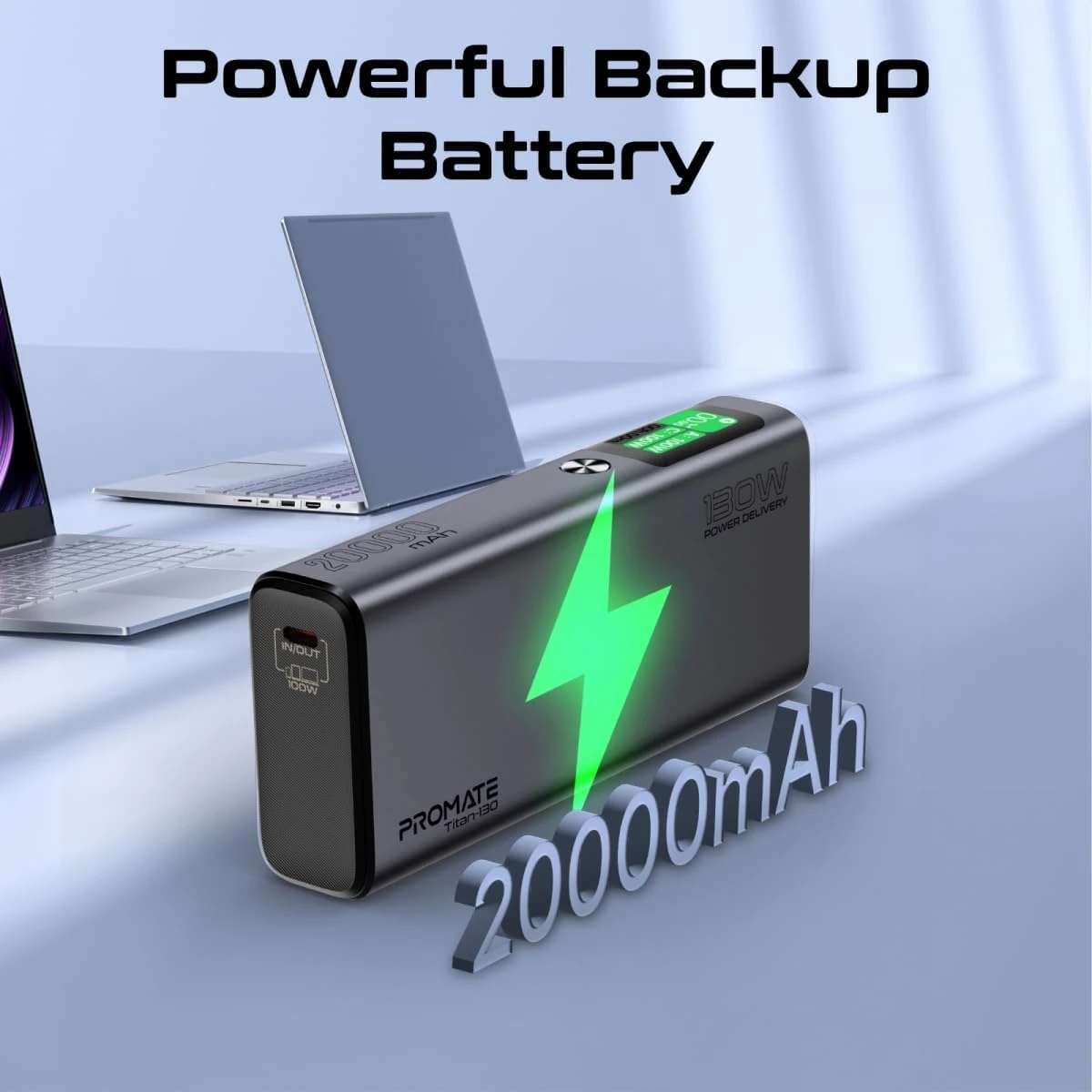 Promate Titan-130 Universal 20000mAh Ultra-Slim Portable Power Pack with 130W Power Delivery, Smart TFT LCD Screen, USB-A QC 3.0, Dual USB-C Input/Output Ports, and Over-Heating Protection
