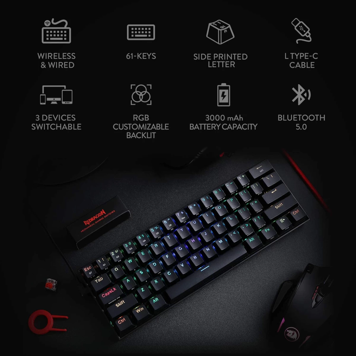 Redragon K530 Pro Draconic 60% Wireless RGB Mechanical Keyboard, BT/2.4Ghz/Wired 3-Mode 61 Keys Compact Gaming Keyboard w/Hot-Swap Socket, Free-Mod Plate Mounted PCB & Tactile Red Switch - Black