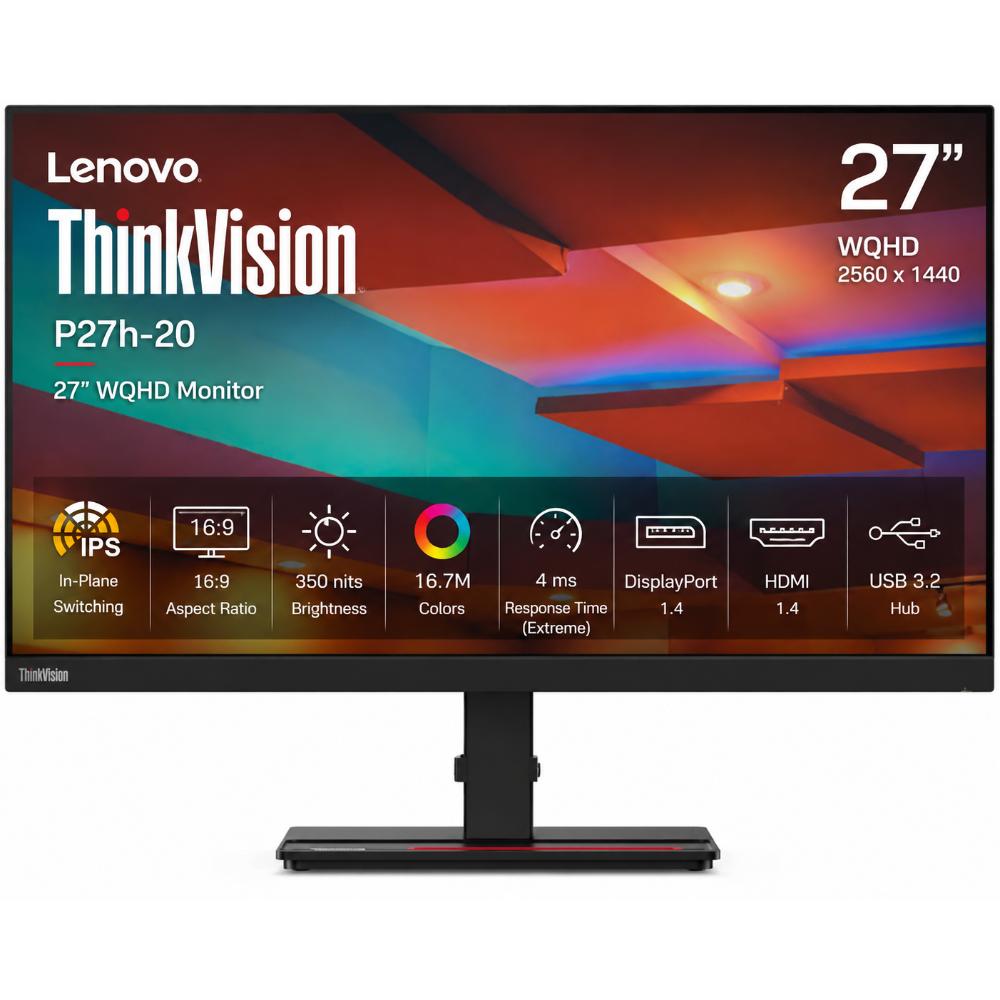Lenovo ThinkVision P27h-20 27" WQHD WLED LCD Monitor - 16:9 - Raven Black - 27" Class - in-Plane Switching (IPS) Technology -2K 2560 x 1440-16.7 Million Colors - 350 Nit Typical - 4 ms Extre