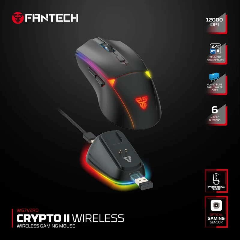 Fantech WG7V2RD CRYPTO II Wireless Gaming Mouse, Up to 70 Hours Playtime, ideal for precise control and fast reactions - Black - alternate view