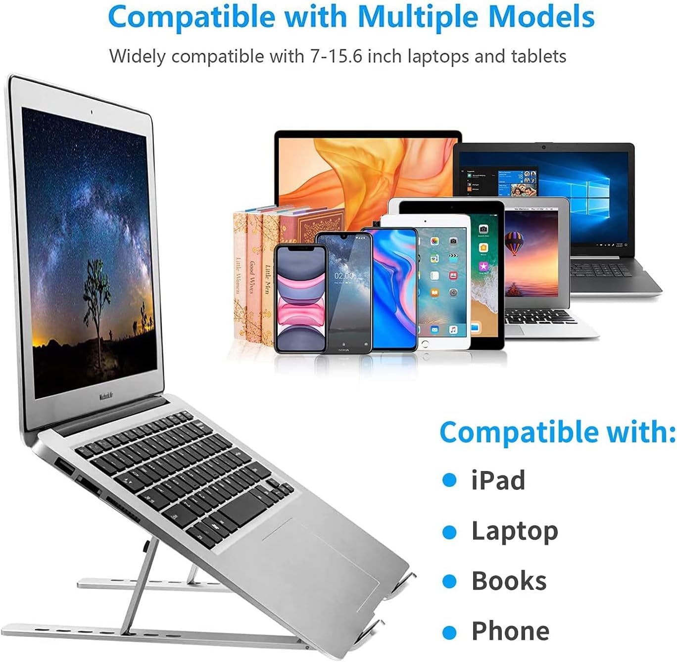 Adjustable Aluminum Laptop Stand for MacBook Air Pro, HP, Dell 10-15.6” Laptops - Foldable Portable Notebook Holder with Ergonomic Design-Black