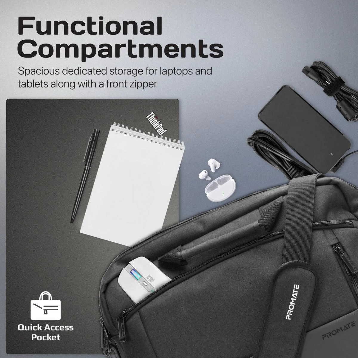 Promate Satchel-MB 15.6" Ergonomic Lightweight Messenger Bag w/ Large Compartments Front Pocket Secure Zippers & Water-Resistance