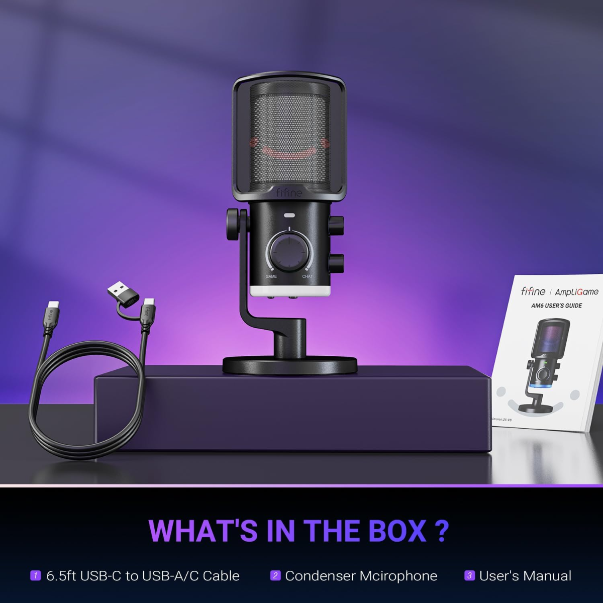 FIFINE AmpliGame AM6 USB Condenser Gaming PC Microphone with ChatMix Dial | Noise Cancellation, Tap Mute, RGB Control, Gain Knob, Headphone Jack, Cardioid Pickup, for Streaming Discord Twitch Podcasts hover