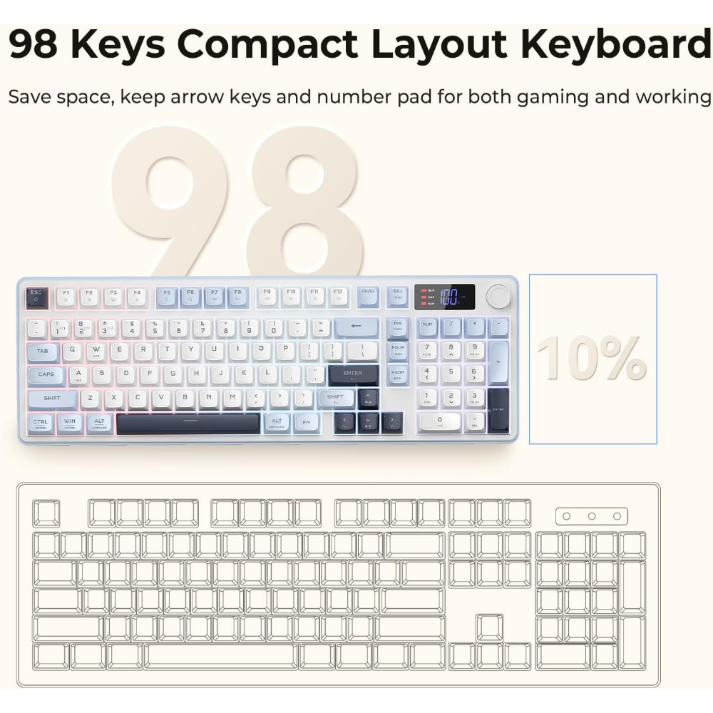 Redragon Wireless Gaming Keyboard, 98-Key Tri-Mode (BT/2.4G/Wired) RGB Computer Keyboard with Knob & Display, Fade-Resistant PBT Keycaps & 4000mAh Battery, Compatible with Windows/Mac - White Blue - alternate view