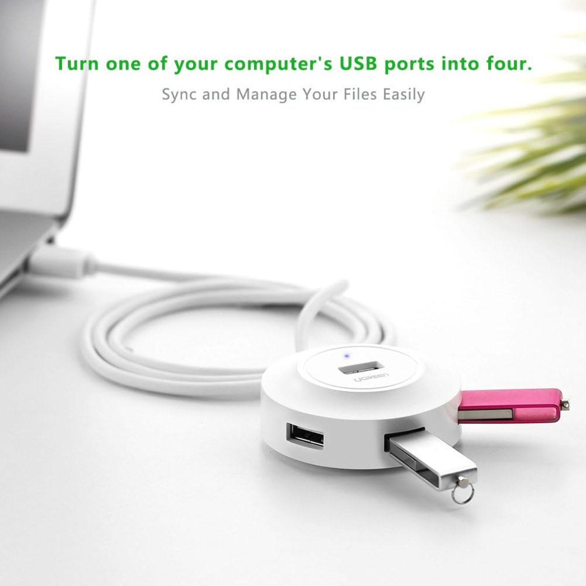 Ugreen 20270 USB 2.0 Hub 4 Ports white for Your PC, Cell Phones, eReaders, Tablets (White)
