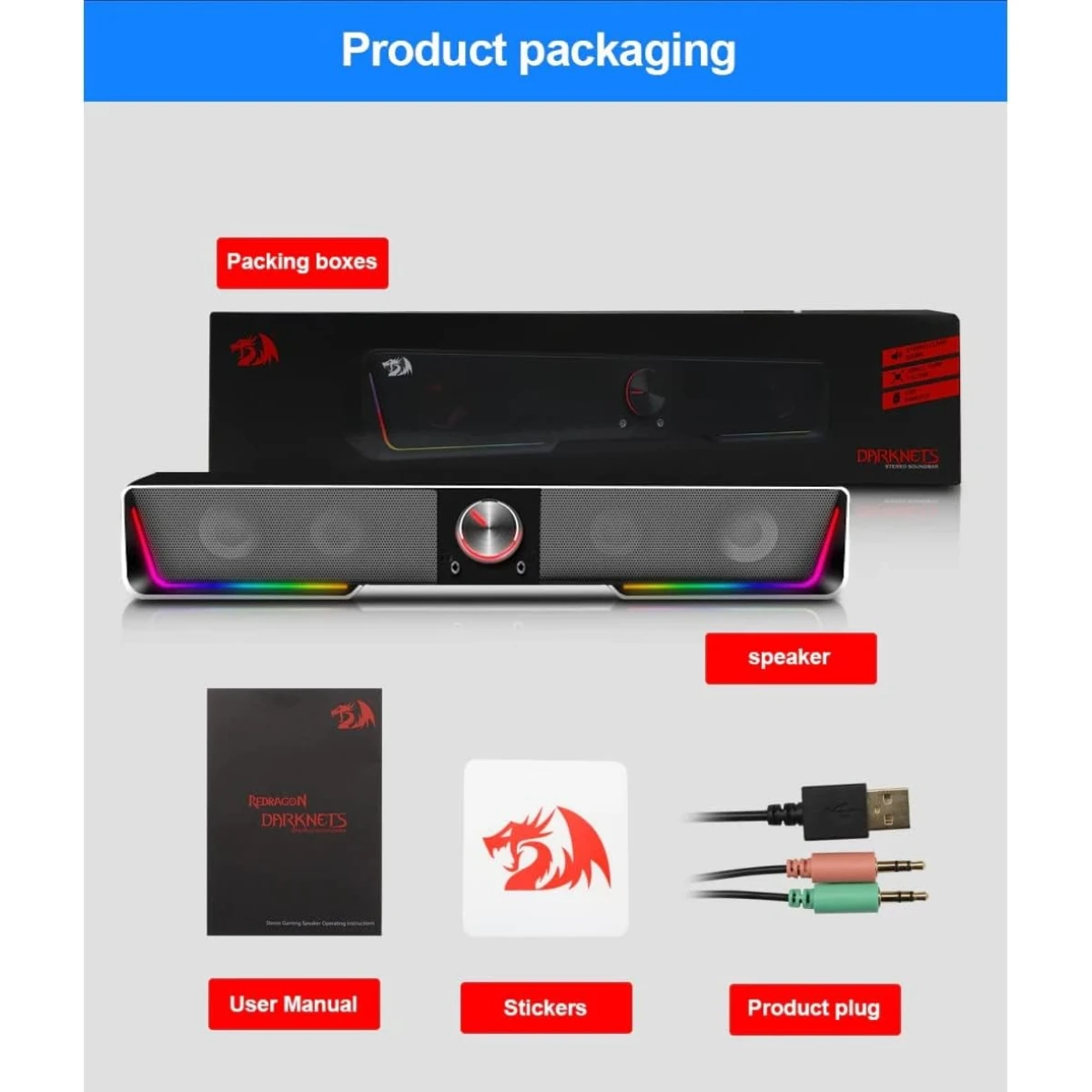 REDRAGON GS570 Darknets Support Bluetooth Wireless aux 3.5 surround RGB speakers column sound bar for computer PC loudspeakers