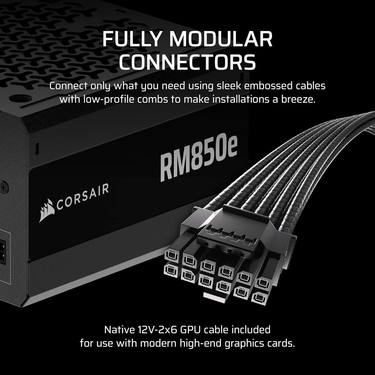 CORSAIR RM850e (2025) Fully Modular Gold Low-Noise ATX Power Supply with 12V-2x6 Cable – ATX 3.1 & PCIe 5.1 Compliant, Cybenetics Gold Efficiency, 105°C-Rated Capacitors, Modern Standby Mode – Black