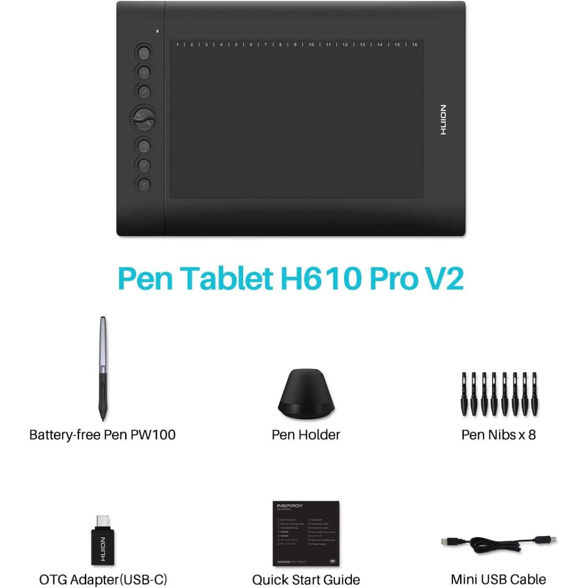 HUION H610PRO V2 Graphic Drawing Tablets 10x6 inch Digital Drawing Pad for PC/Mac/Chromebook, 8192 Battery-Free Pen Tilt Function, Glove and 18 Pen Nibs Included