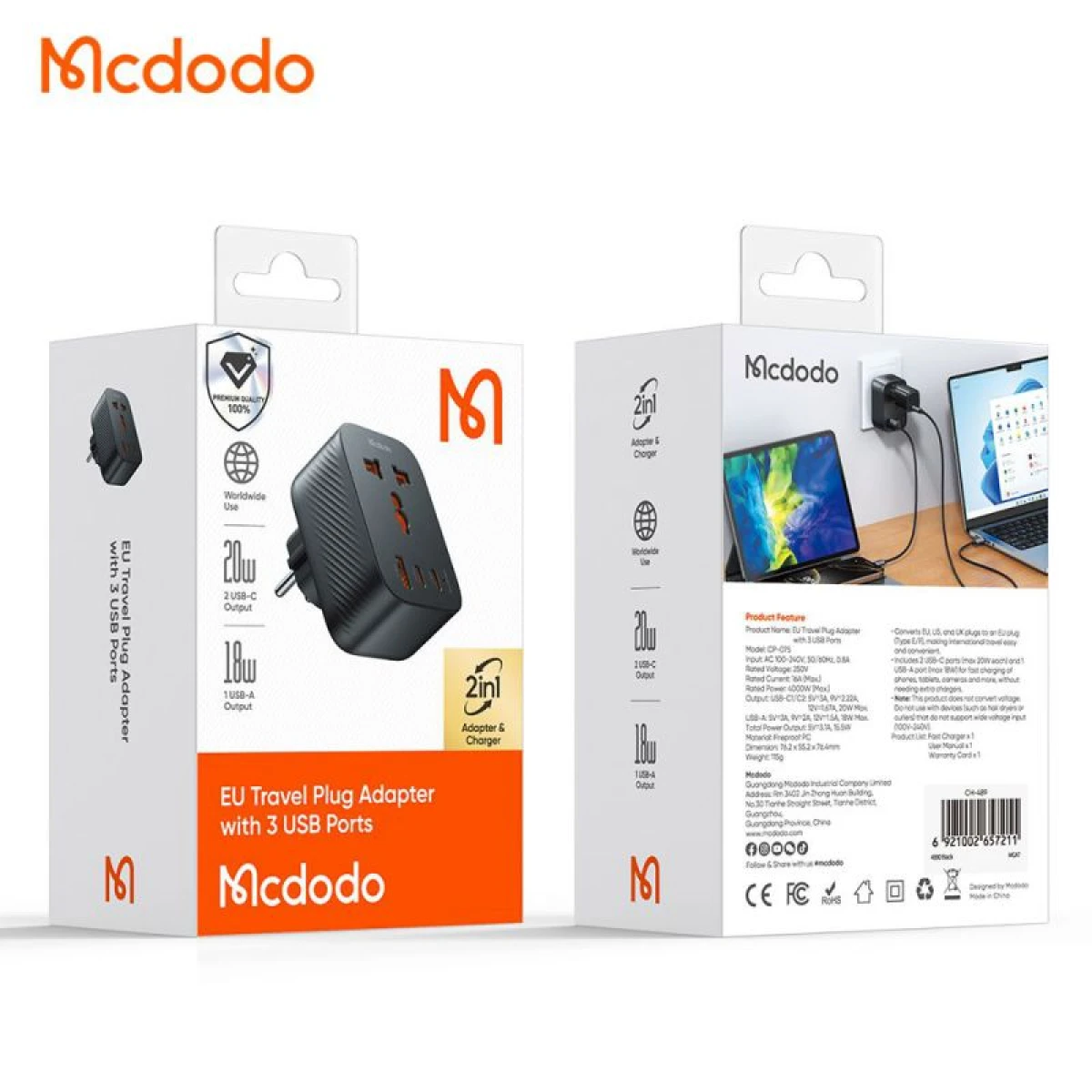 Mcdodo CP-0750 Universal Travel Adapter One for 4 Outputs (AC + 2 USB-C + USB) 20W Worldwide Use EU Travel Plug with 3 USB - Black