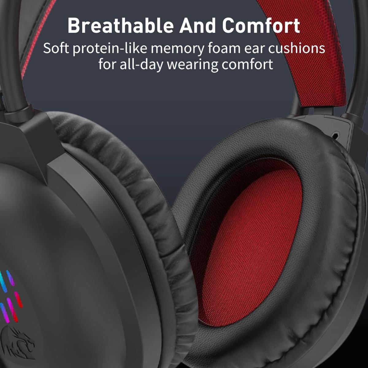 Redragon Wired Gaming Headset with Microphone, 203g Lightweight, RGB Backlit, 40mm Speakers, Noise Cancelling Mic, Soft Earmuffs, 3.5mm Jack Gaming Headphones for PC, Desktop, Laptop (Black)
