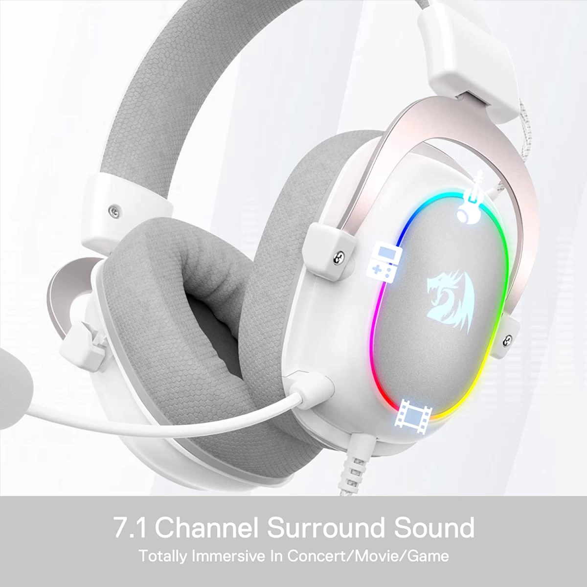 Redragon H510 Zeus-X RGB 7.1 Surround Sound 53MM Drivers Memory Foam Ear Pads w/Durable Fabric Cover - White