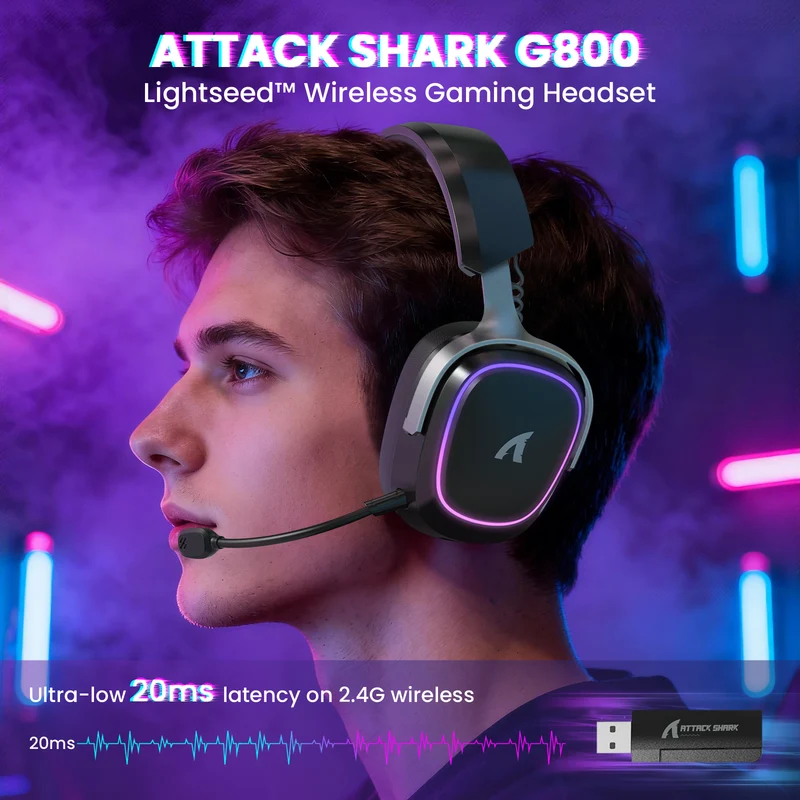 ATTACK SHARK G800 Wireless Gaming Headset, 7.1 Surround Sound,Memory Foam Ear Pads,Durable Aluminum Frame,Detachable Microphone, Bluetooth/2.4G Wireless/Wired Headphone for PC,PS5,PS4,Xbox One(Black) - alternate view