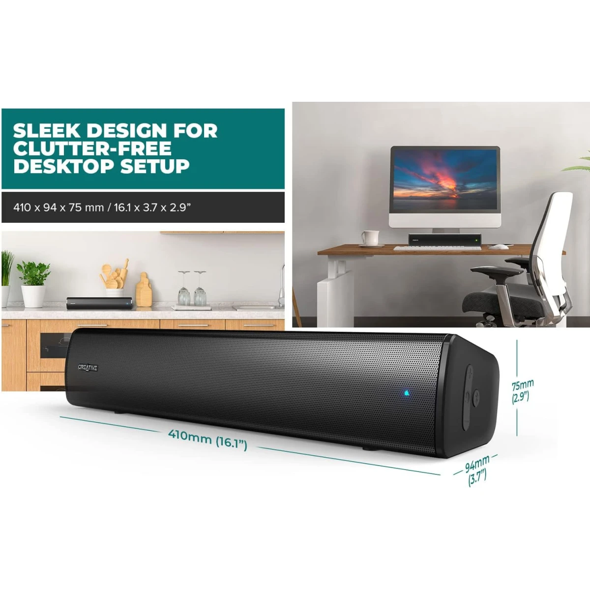 Creative Stage Air V2 USB Soundbar 6 Hours Battery Bluetooth 5.3 Dual-Driver & Passive Radiator Compatible with Nintendo & PS5