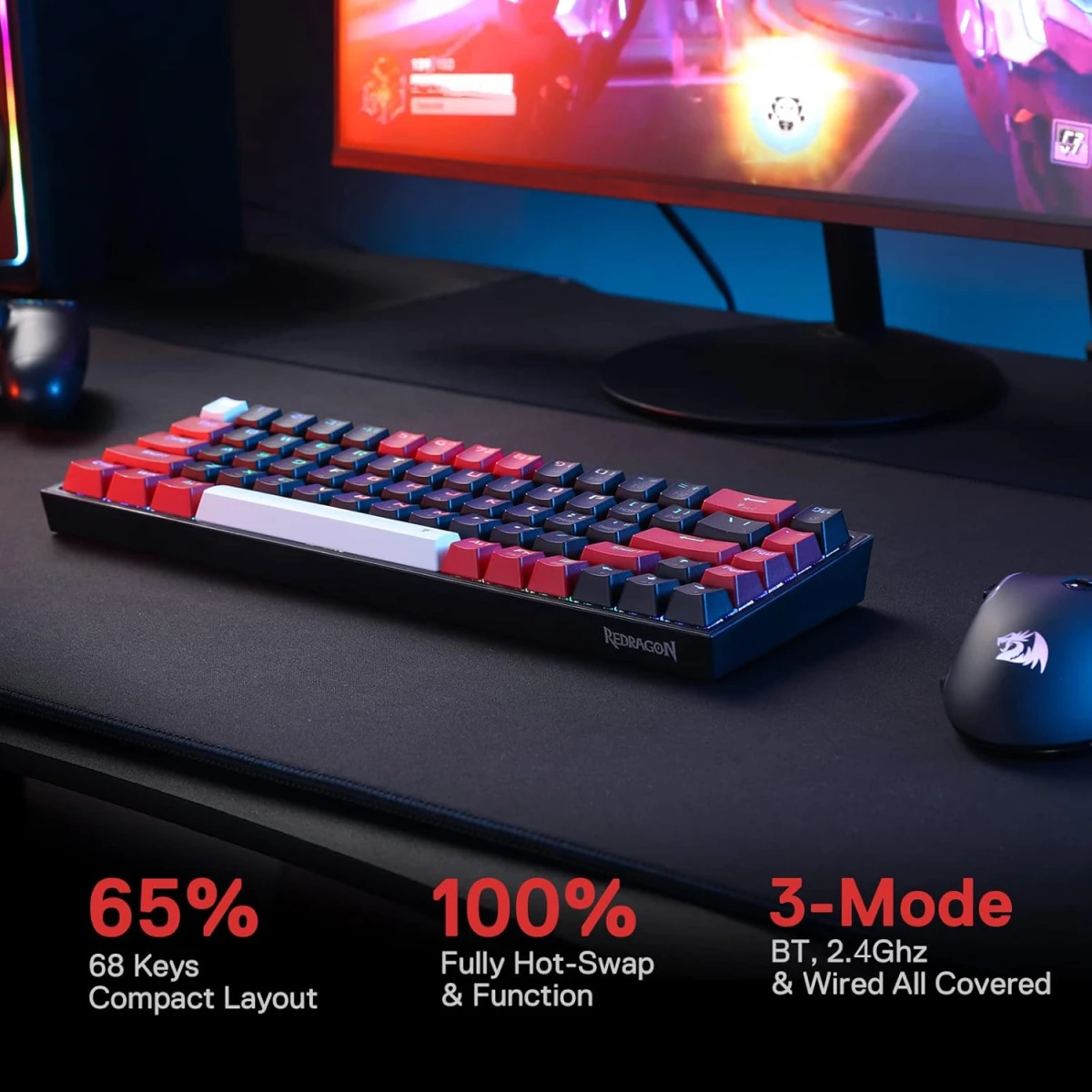 Redragon K631RGB Castor Pro Mechanical Gaming Keyboard, 68 Keys, Wireless 2.4G+Bluetooth+Wired Triple Mode Connect, Detachable Type-C to USB, Anti-Ghosting, HUANO Red Switch