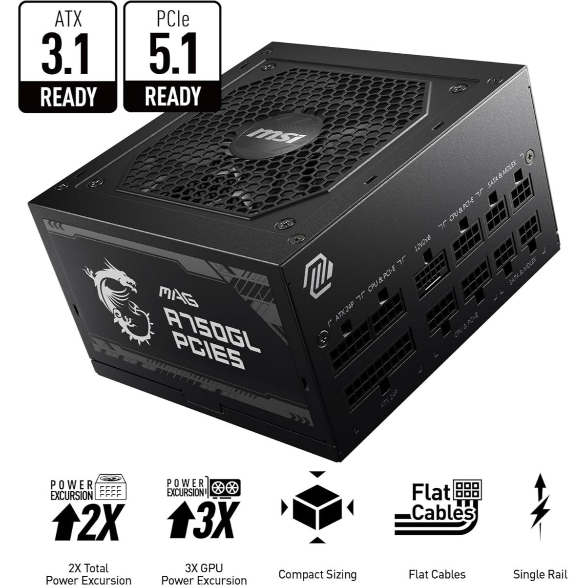 MSI MAG A750GL PCIE5, Fully Modular Compact Gaming 750W Power Supply, 80+ Gold, ATX 3.1 & PCIe 5.1 Ready, Native Dual-Color 12V-2x6 Cable