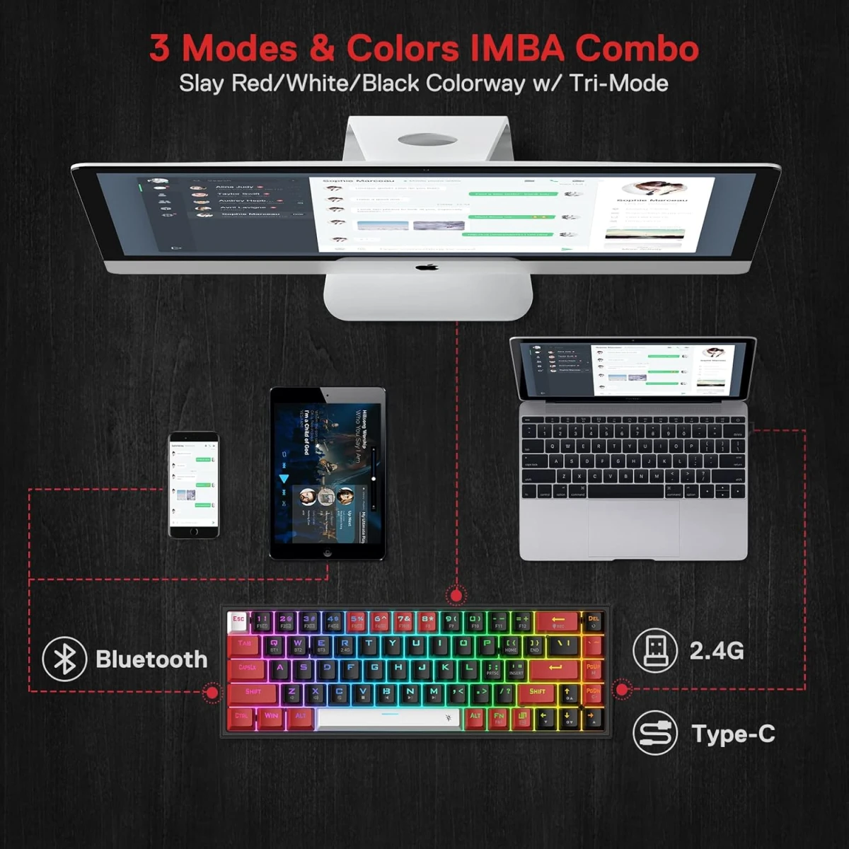 Redragon K631RGB Castor Pro Mechanical Gaming Keyboard, 68 Keys, Wireless 2.4G+Bluetooth+Wired Triple Mode Connect, Detachable Type-C to USB, Anti-Ghosting, HUANO Red Switch