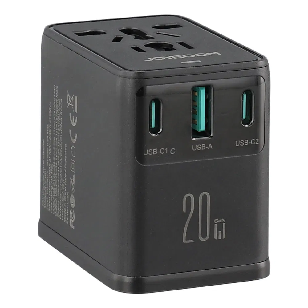 Joyroom Jr-Tcw01 20W Universal Travel Adapter 2 USB-C + Ubs-a GaN Charger - Black hover