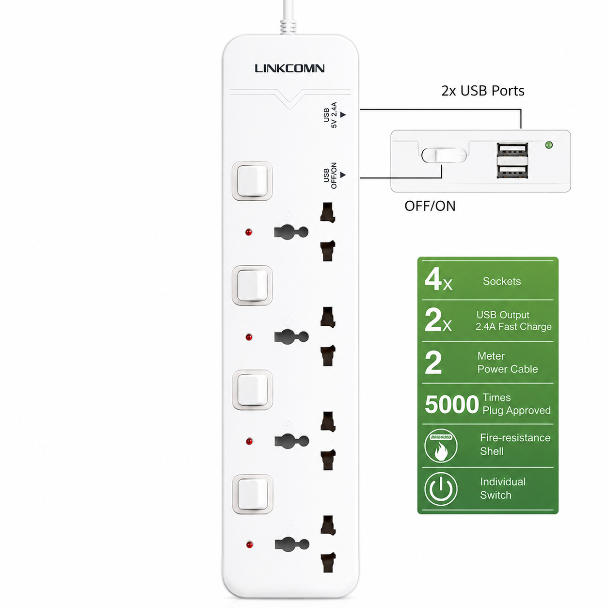 LINKCOMN Power strip 4 Socket 2 USB Port LC-PS423