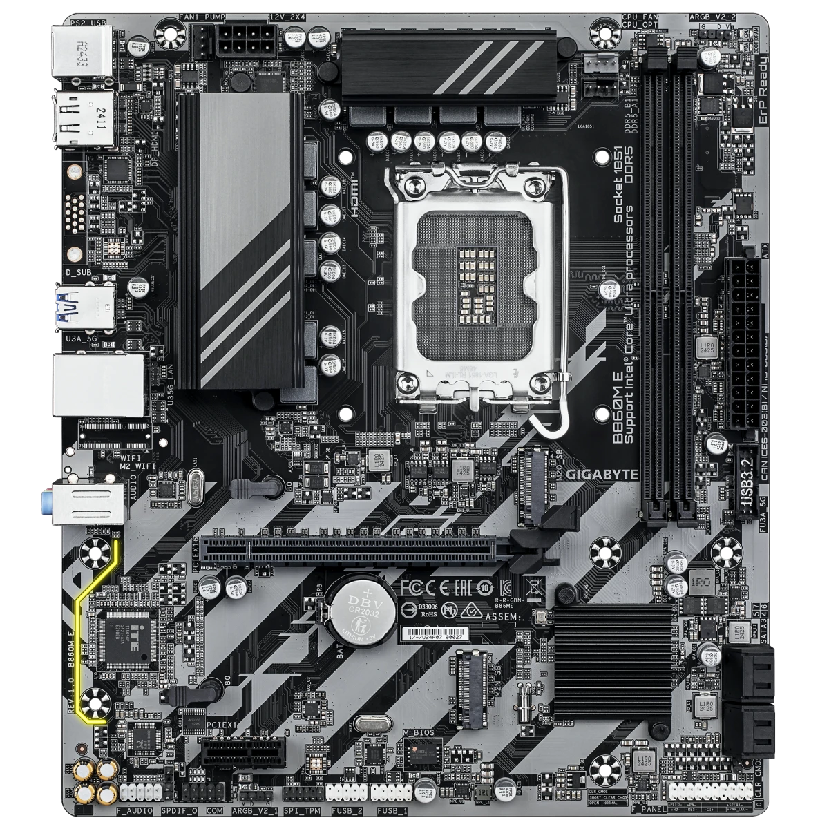 GIGABYTE B860M-E LGA 1851 M-ATX Motherboard, Intel B860 Chipset, 2x DIMM DDR5 Slots, Up to 128GB Max Memory, 1x PCIe 5.0 x16, 2x M.2 Slots