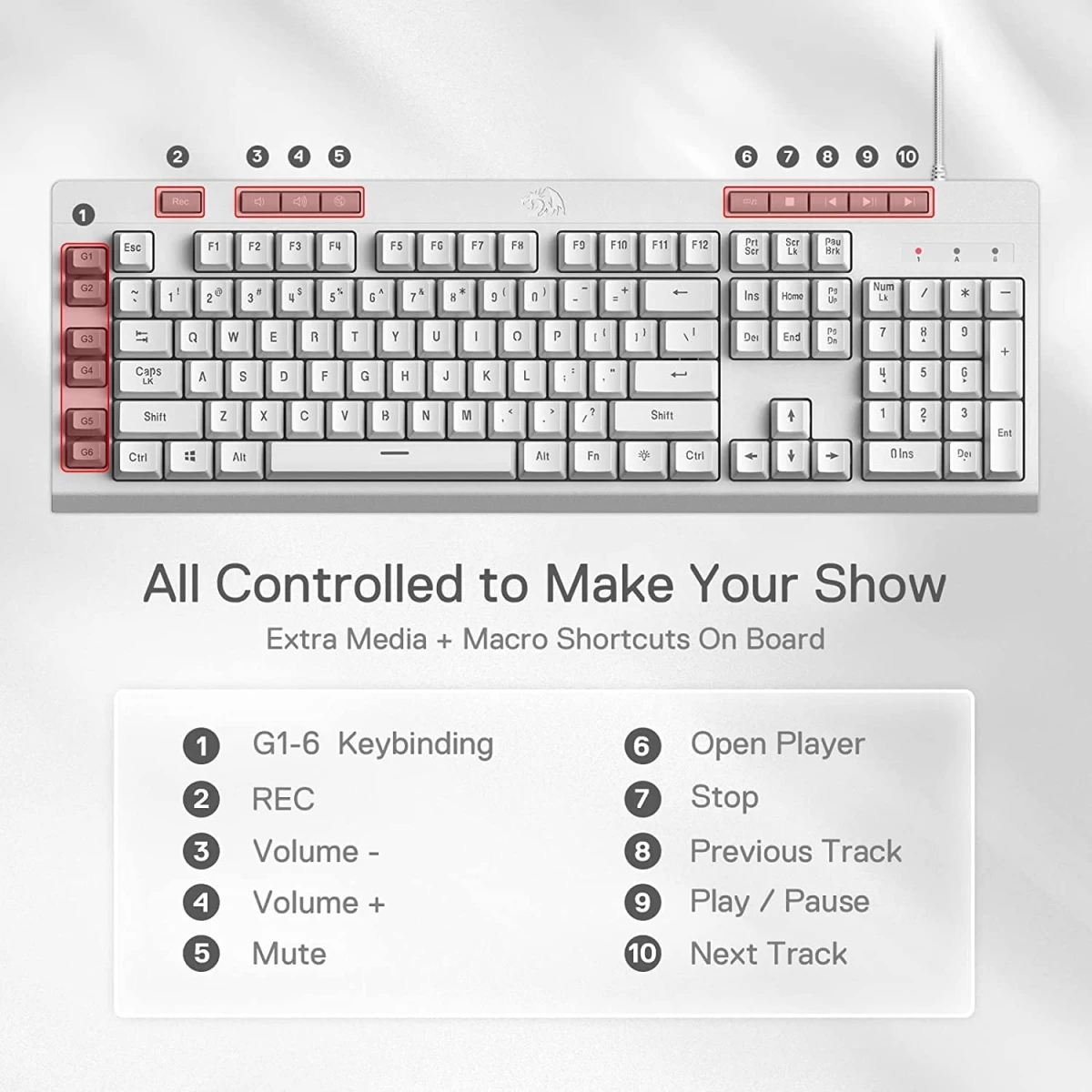 Redragon K512 Shiva RGB Backlit Multimedia Keys 6 Built-in Macro Keys - White