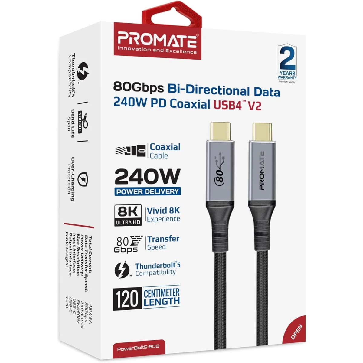 Promate PowerBolt5-80G Thunderbolt 5 USB 4 Cable 80Gbps Data Transfer, 240W Power Delivery, 8K Ultra HD Display Support, USB-C to USB-C 1.2M Cable, Compatible with Thunderbolt 5, Durable Build Black