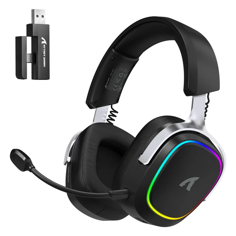 ATTACK SHARK G800 Wireless Gaming Headset, 7.1 Surround Sound,Memory Foam Ear Pads,Durable Aluminum Frame,Detachable Microphone, Bluetooth/2.4G Wireless/Wired Headphone for PC,PS5,PS4,Xbox One(Black)